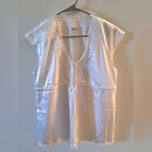 Cacharel Paris Women White Blouse Draw String Waist Lace Trim